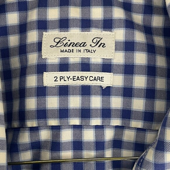Linea In Mens Dress Shirt 16.5 Check Blue/White 2-Ply Easy Care Made in Italy - Picture 3 of 4